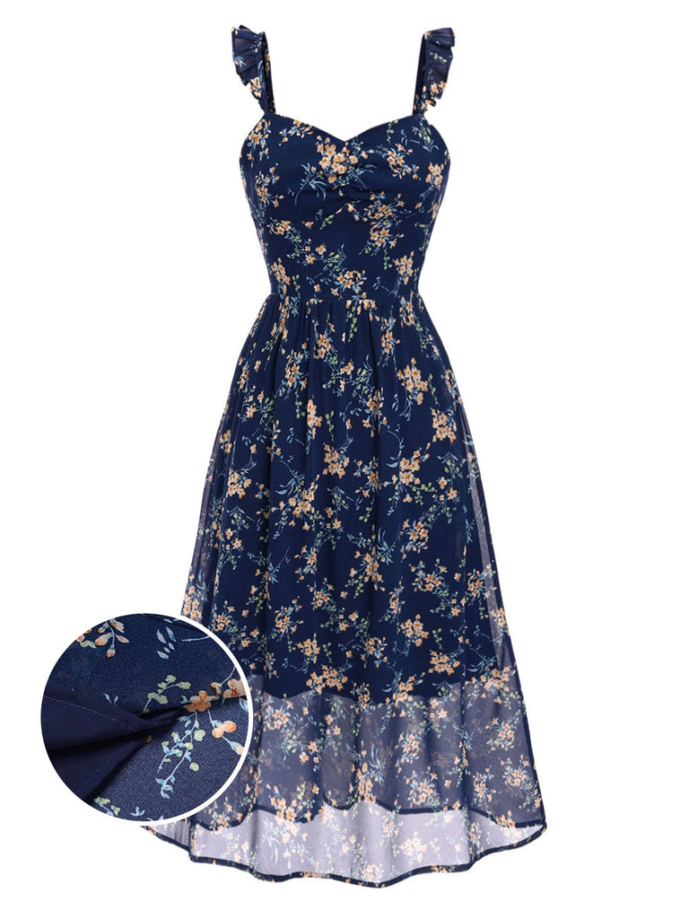 [Pre-Sale] Blue 1940s Ruffles Strap Sweetheart Neck Floral Dress