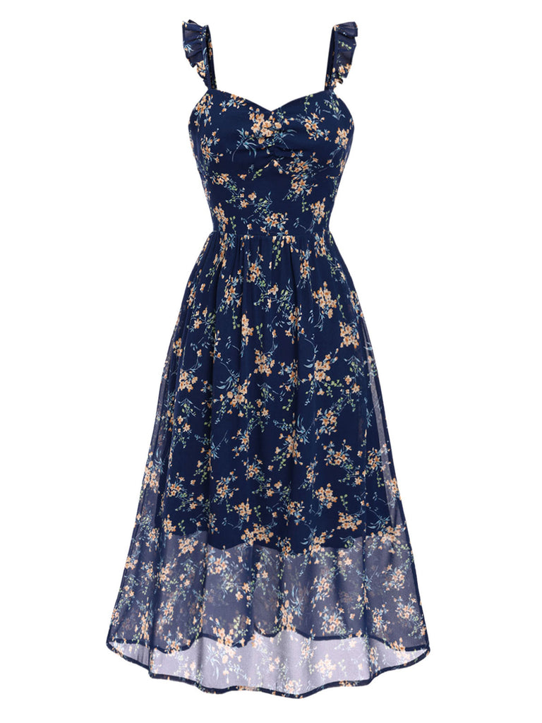 [Pre-Sale] Blue 1940s Ruffles Strap Sweetheart Neck Floral Dress