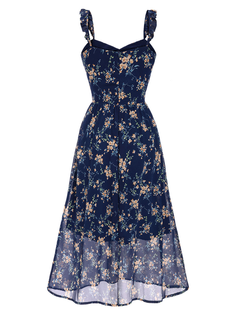 [Pre-Sale] Blue 1940s Ruffles Strap Sweetheart Neck Floral Dress