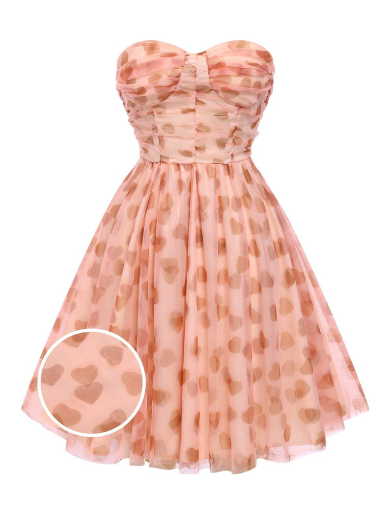 Pink 1950s Strapless Valentine Peach Heart Tulle Dress