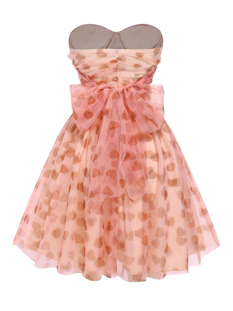 Pink 1950s Strapless Valentine Peach Heart Tulle Dress