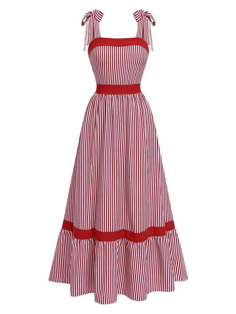 Red 1930s Striped Elegant Lace-Up Dress