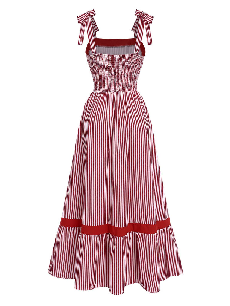 Red 1930s Striped Elegant Lace-Up Dress