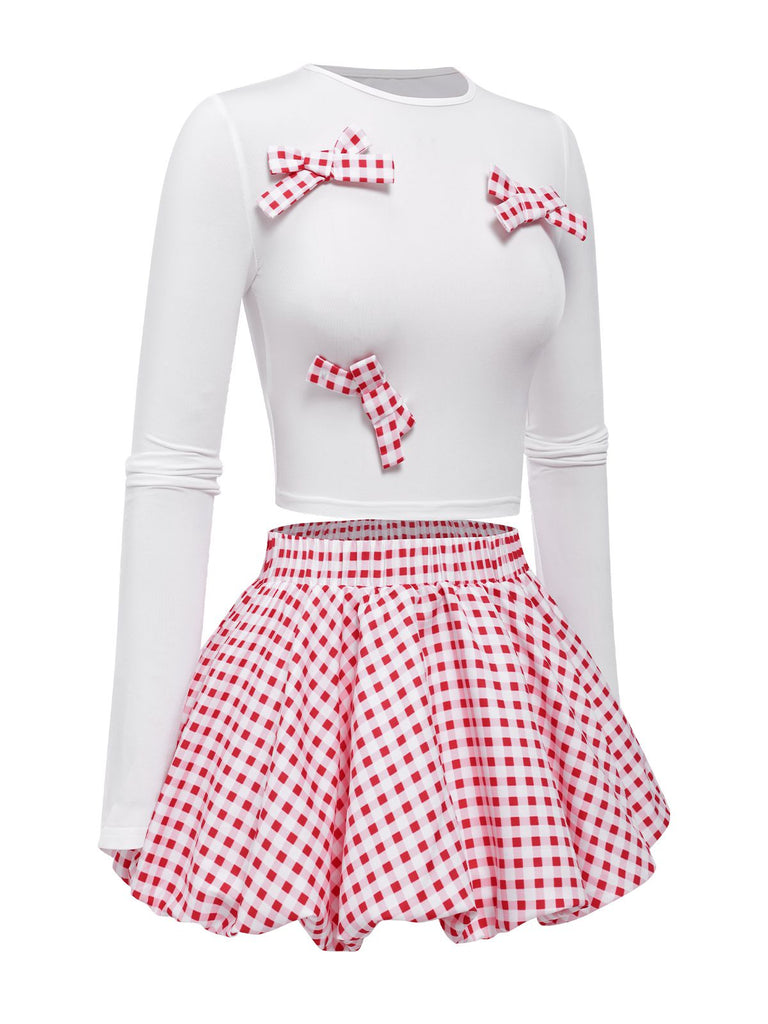 2PCS 1950s Bow Solid Top & Plaid skirt