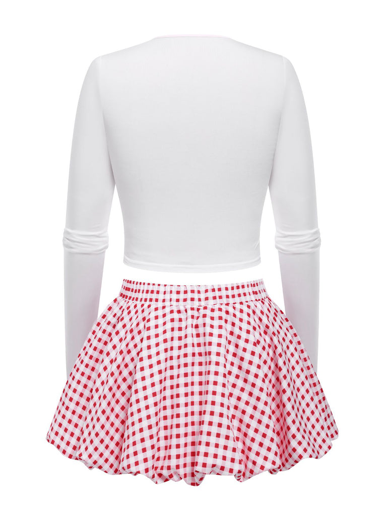 2PCS 1950s Bow Solid Top & Plaid skirt