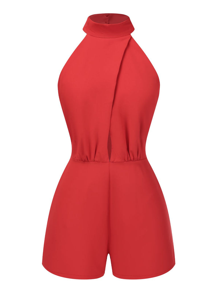 Red 1960s Solid Backless Romper