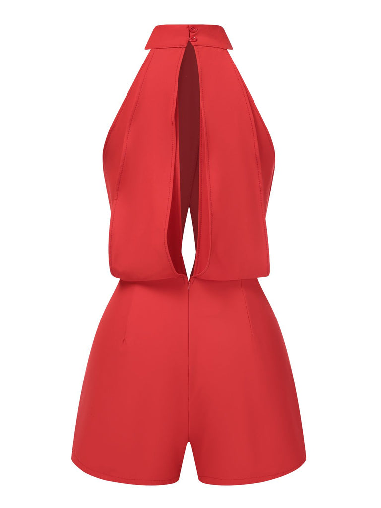 Red 1960s Solid Backless Romper