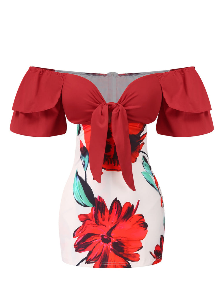 Red 1950s Floral Off-Shoulder Romper