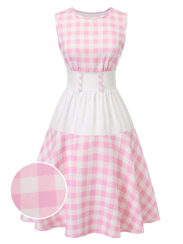 [Pre-Sale] Pink 1950s Plaids Patchwork Button Sleeveless Dress