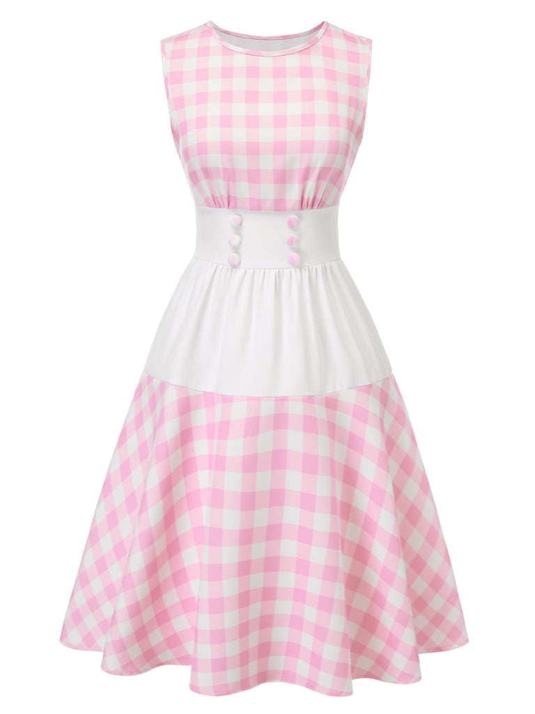 [Pre-Sale] Pink 1950s Plaids Patchwork Button Sleeveless Dress