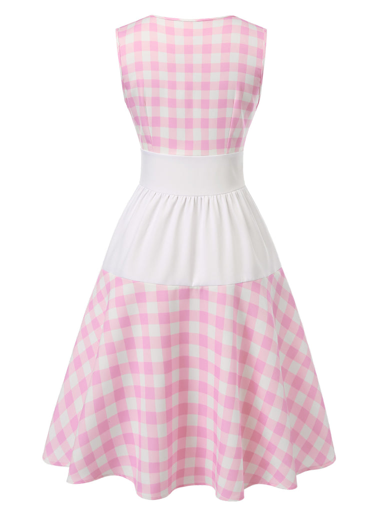 [Pre-Sale] Pink 1950s Plaids Patchwork Button Sleeveless Dress