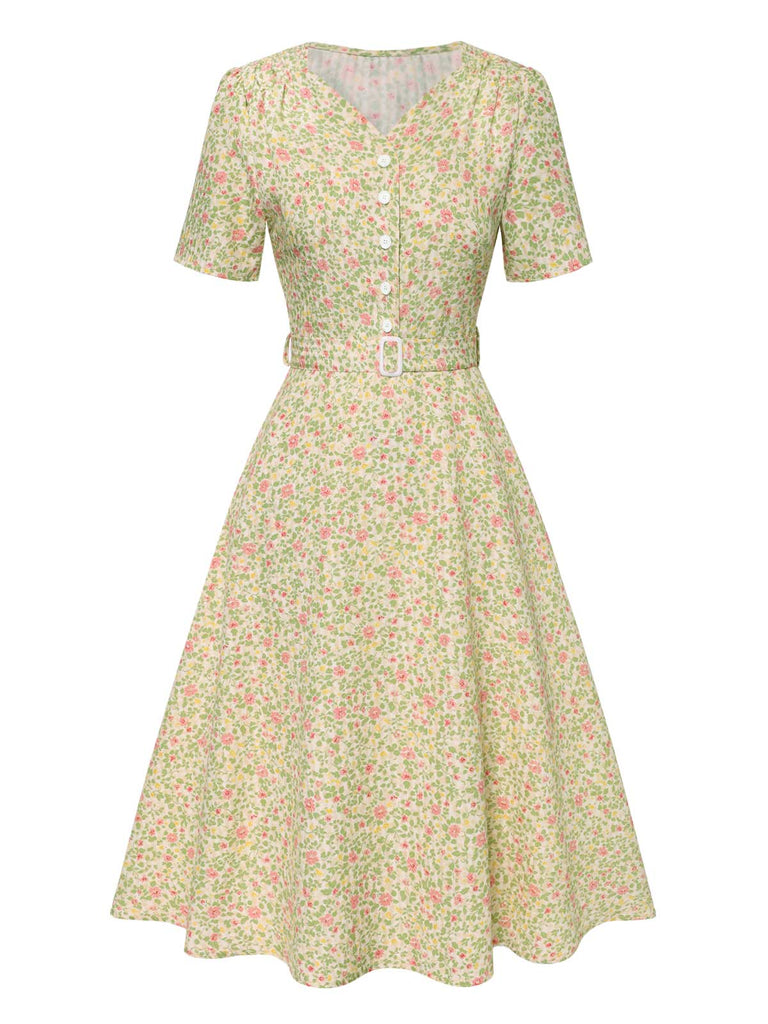 [Pre-Sale] Cream Color 1940s Ditsy Floral Belted Dress