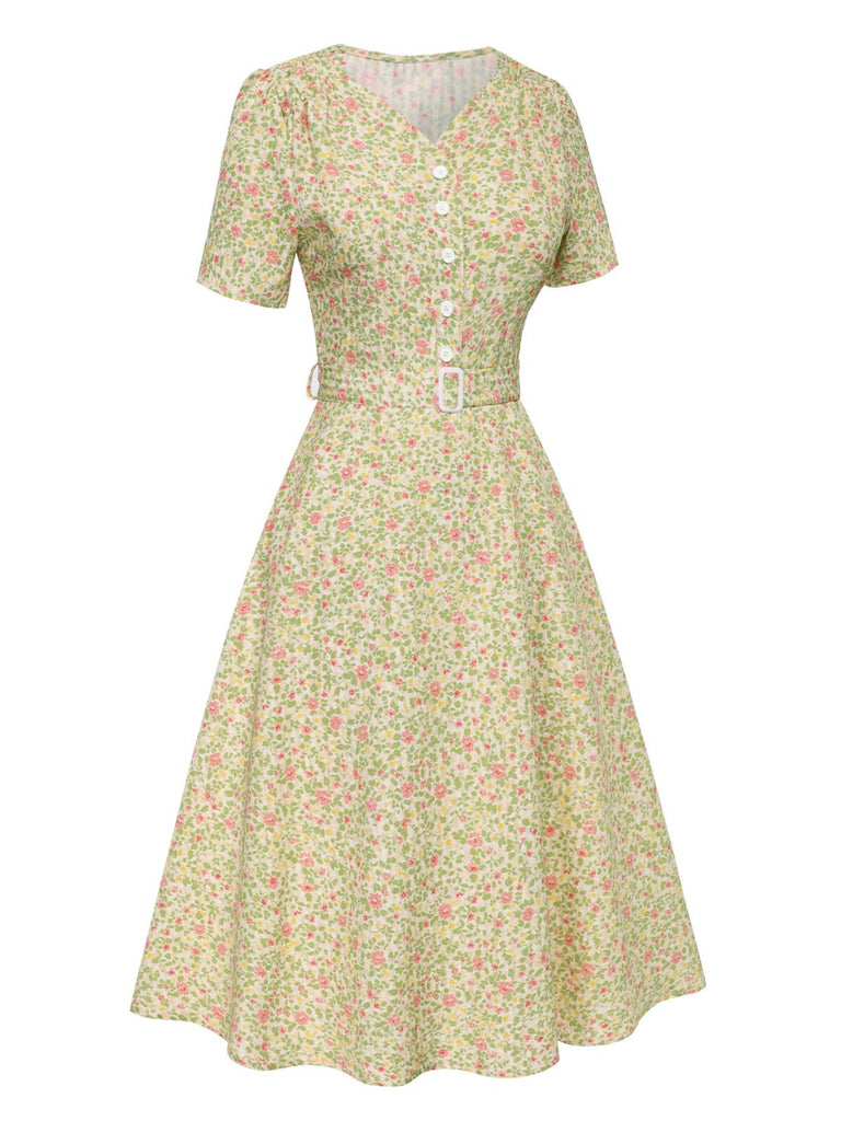 [Pre-Sale] Cream Color 1940s Ditsy Floral Belted Dress