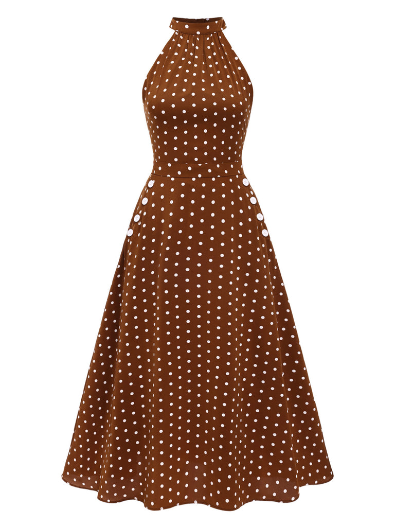 [Pre-Sale] Brown 1940s Polka Dots Button Sleeveless Dress