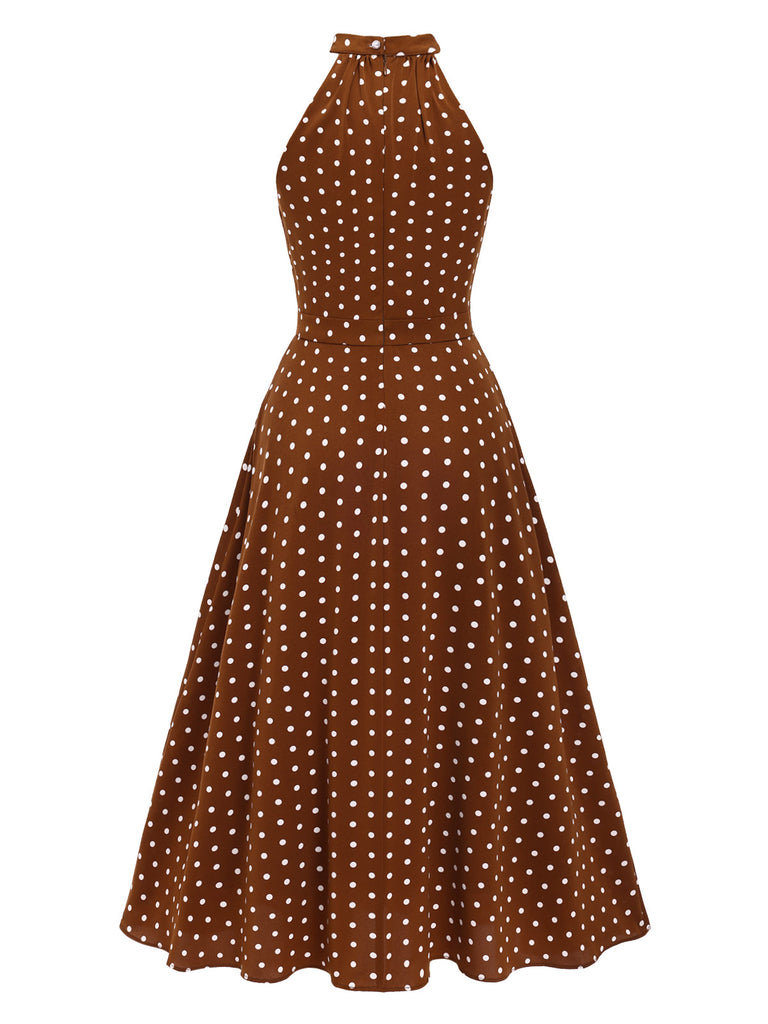 [Pre-Sale] Brown 1940s Polka Dots Button Sleeveless Dress