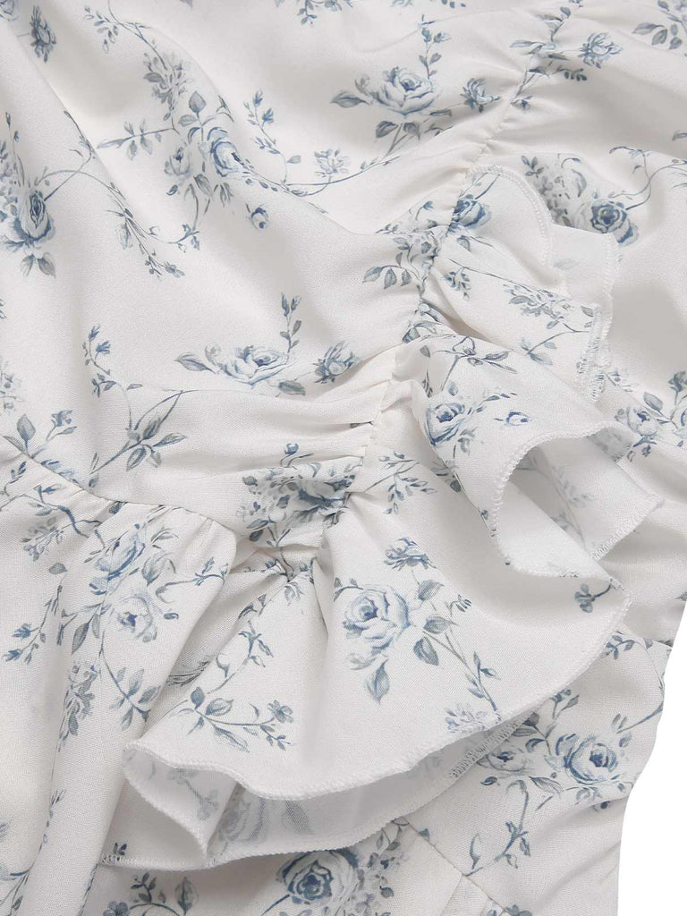 [Pre-Sale] Blue 1930s Off-Shoulder Floral Ruffles Hem Dress