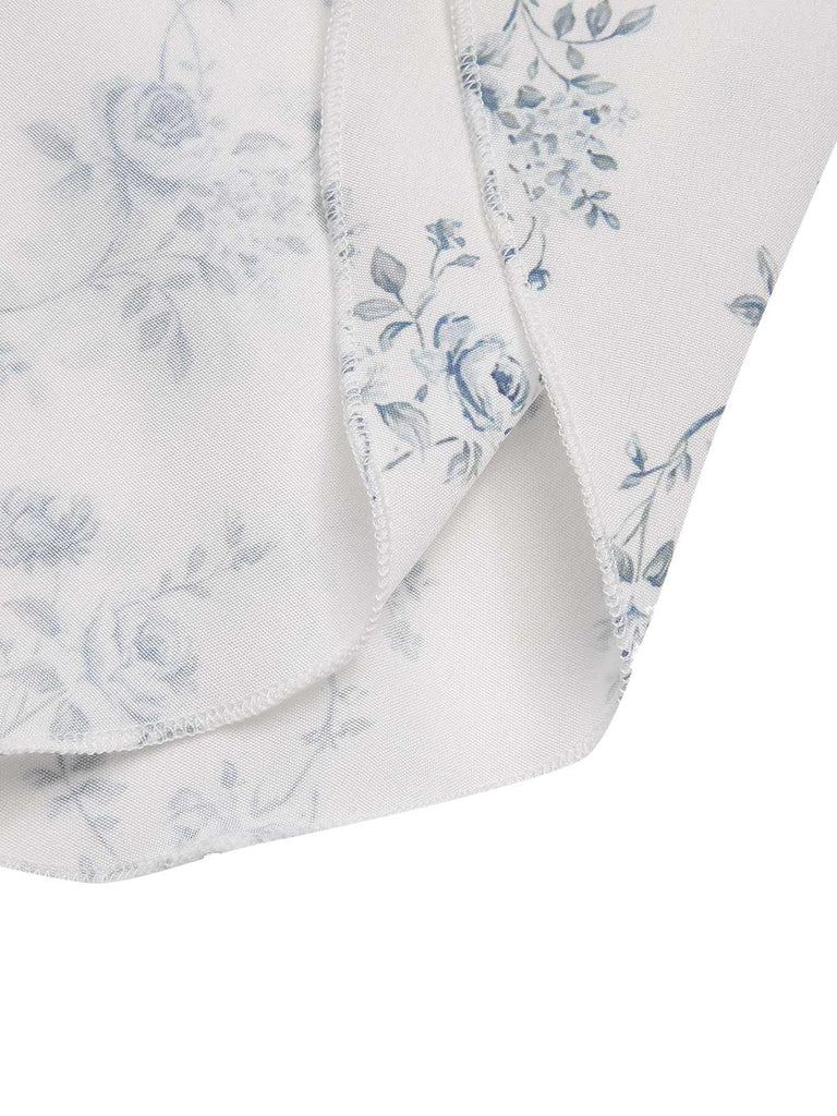 [Pre-Sale] Blue 1930s Off-Shoulder Floral Ruffles Hem Dress