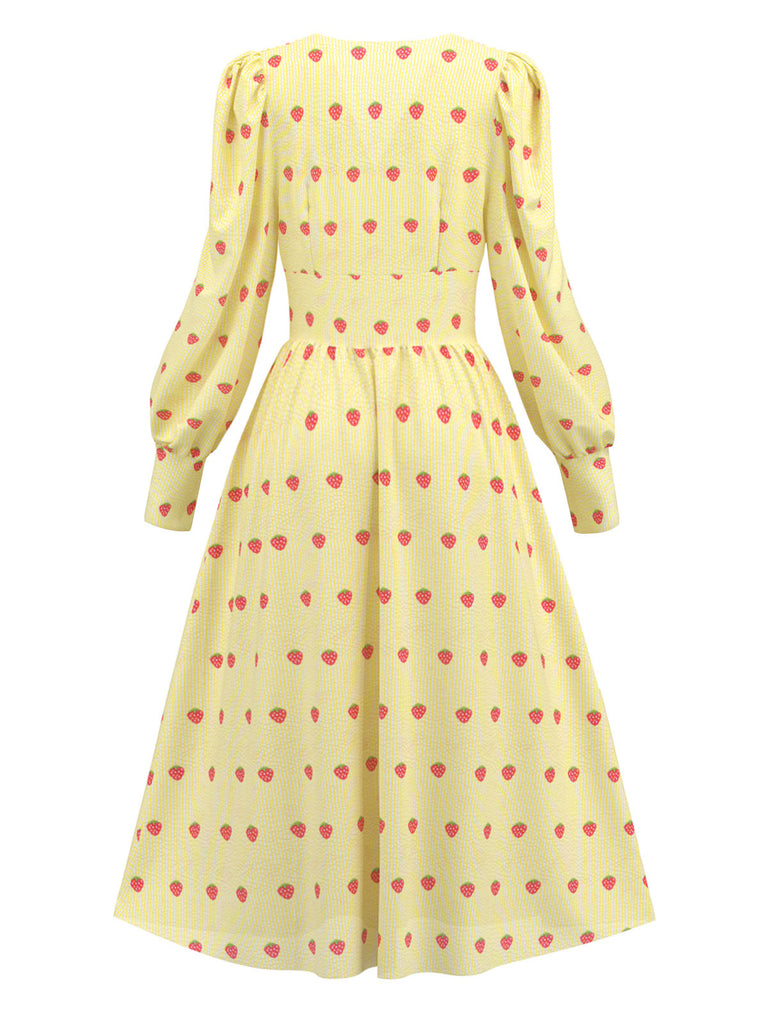 [Pre-Sale] Yellow 1940s Strawberry V-Neck Dress