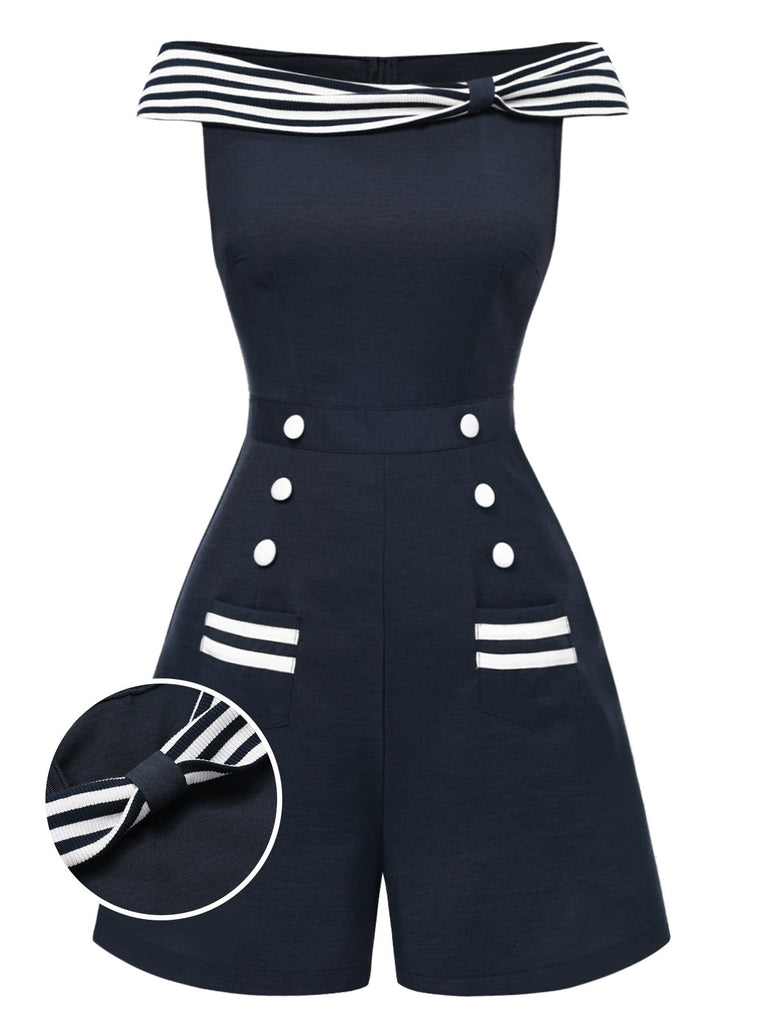 [Pre-Sale] Cobalt Blue 1950s Boat Neck Stripe Patchwork Romper