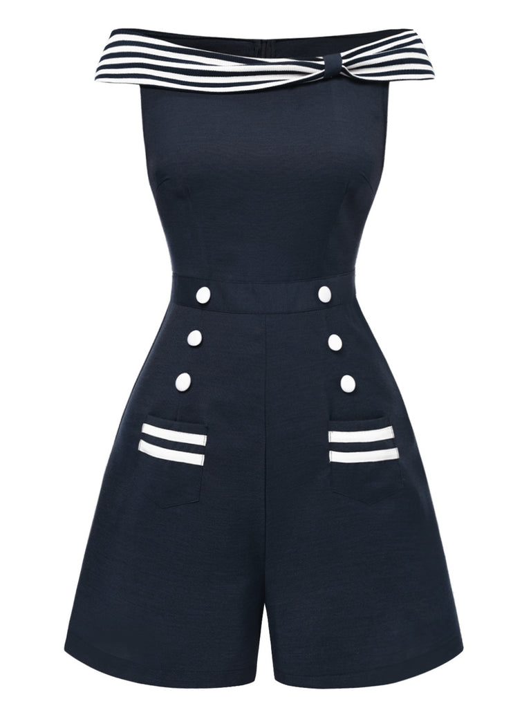 [Pre-Sale] Cobalt Blue 1950s Boat Neck Stripe Patchwork Romper