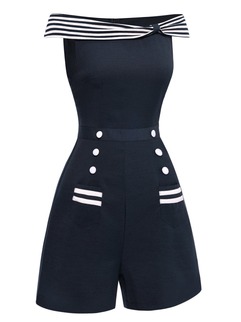 [Pre-Sale] Cobalt Blue 1950s Boat Neck Stripe Patchwork Romper