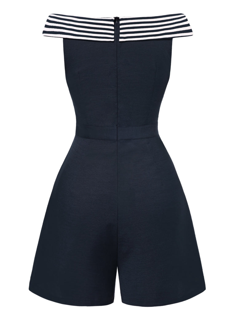 [Pre-Sale] Cobalt Blue 1950s Boat Neck Stripe Patchwork Romper