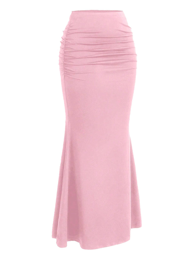 Pink 1930s Solid Wrinkles Fishtail Skirt