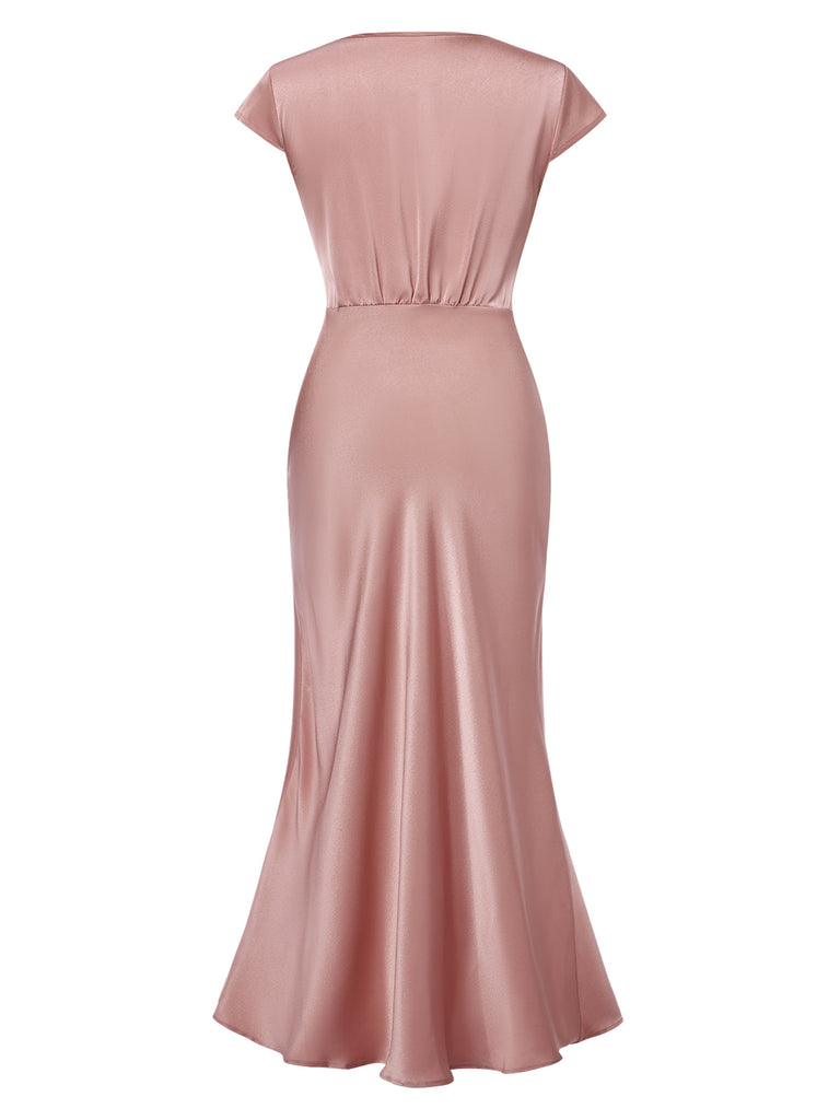 1930s Satin Solid V-Neck Fishtail Dress