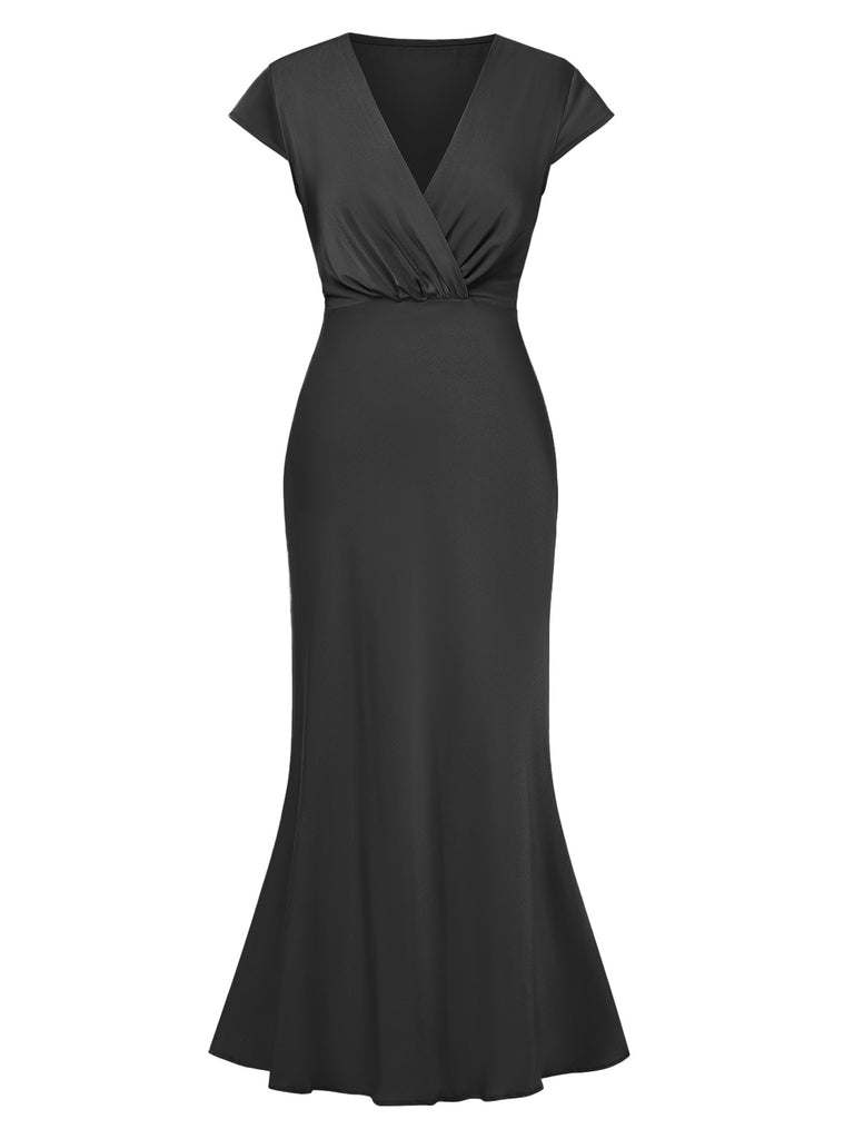 1930s Satin Solid V-Neck Fishtail Dress