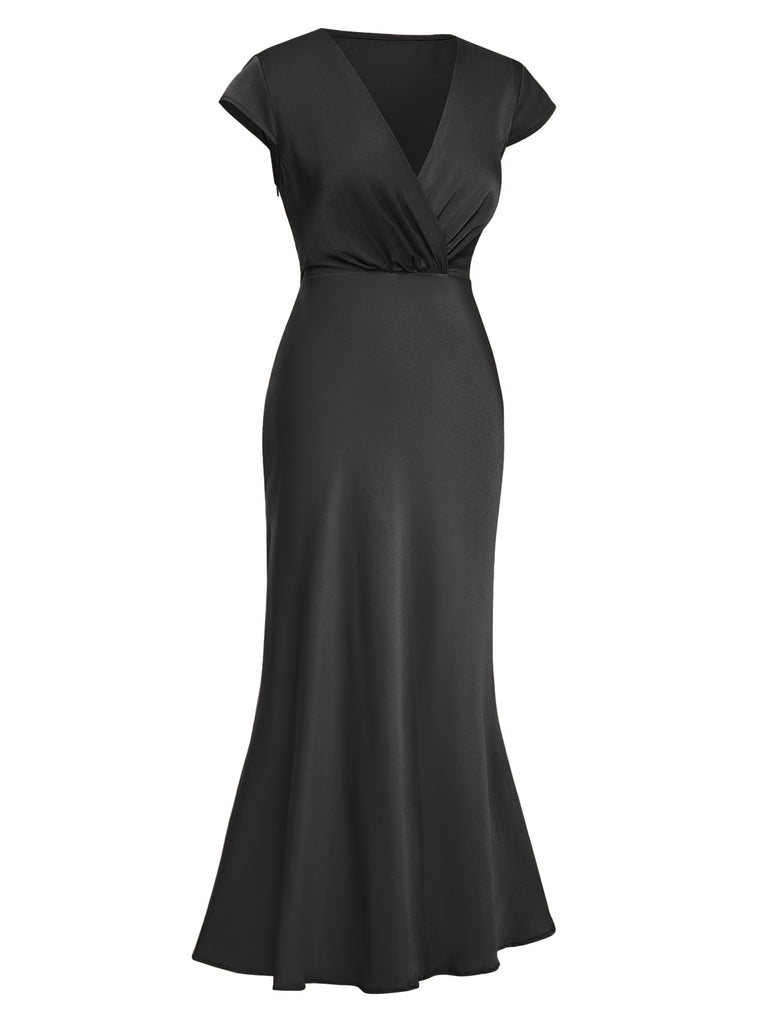 1930s Satin Solid V-Neck Fishtail Dress