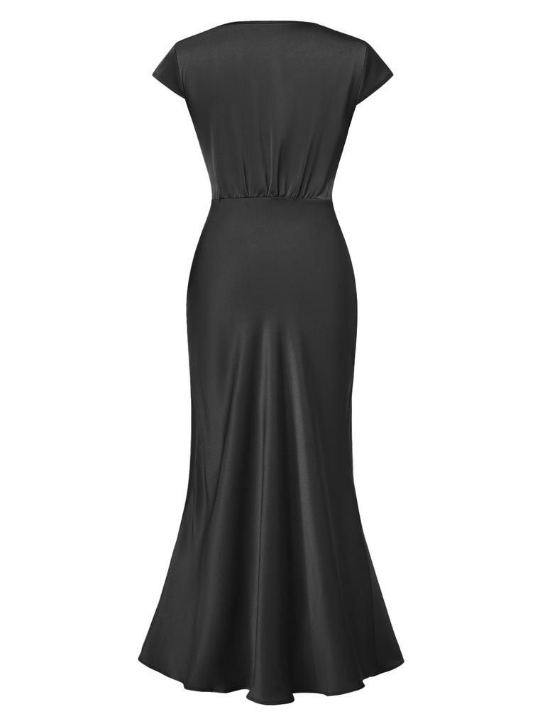 1930s Satin Solid V-Neck Fishtail Dress