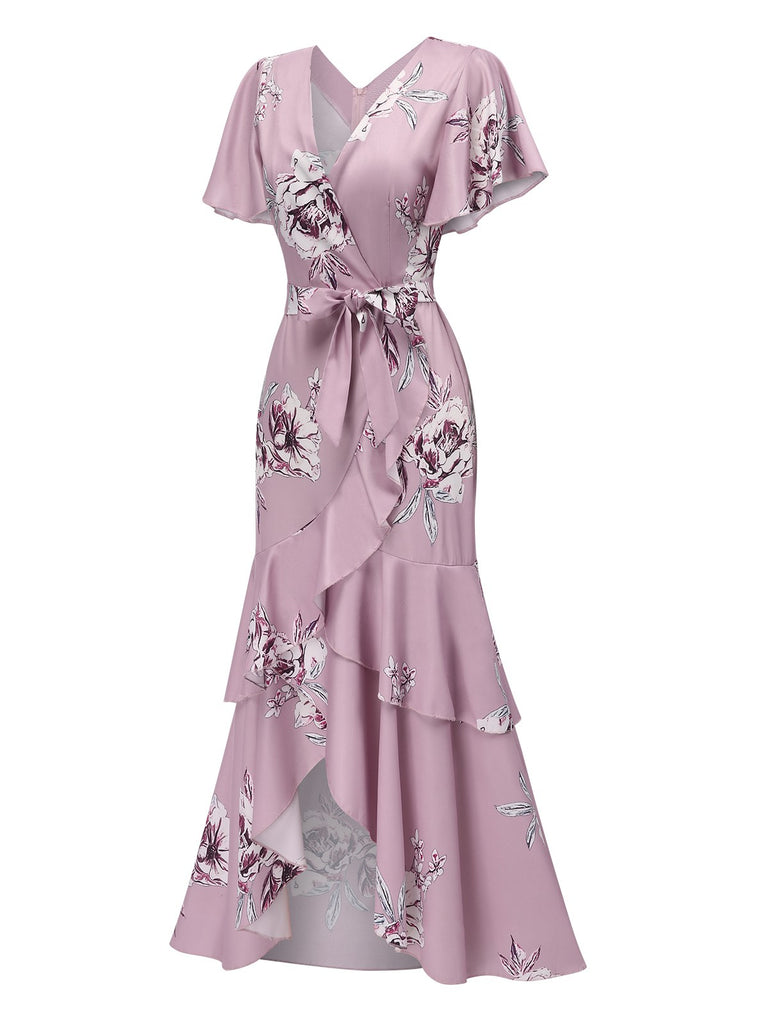 Pink 1930s Floral Flare Sleeves Mermaid Dress