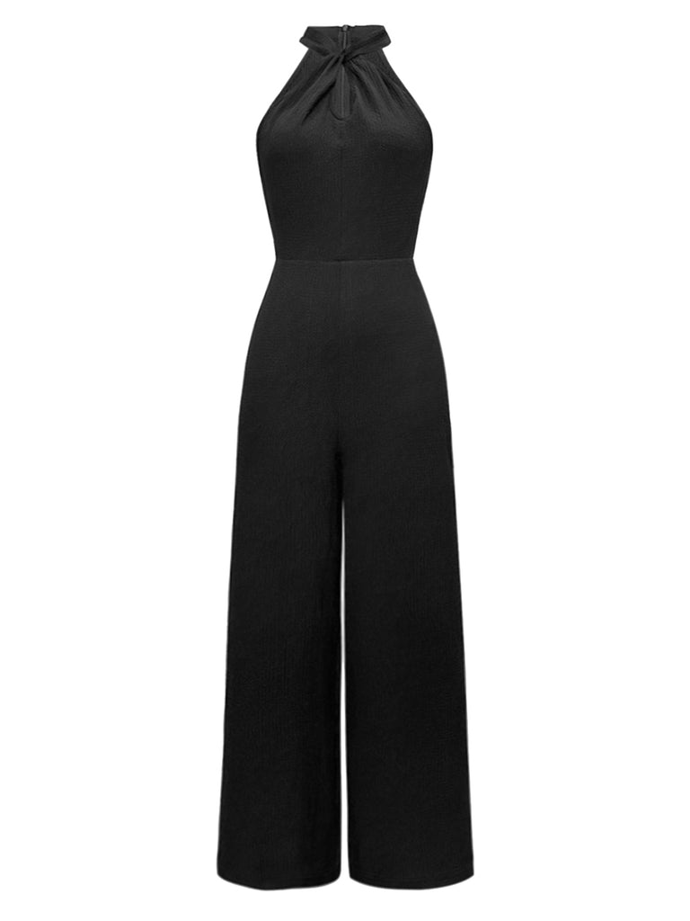 Black 1930s Solid Halter Sleeveless Jumpsuit