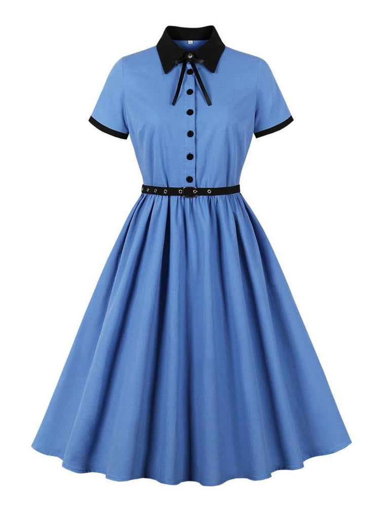 1950s Lapel Colorblock Swing Shirt Dress