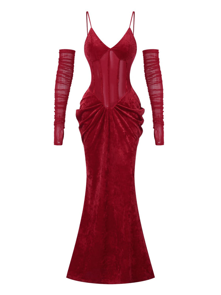 1930s Spaghetti Strap V-Neck Backless Velvet Dress