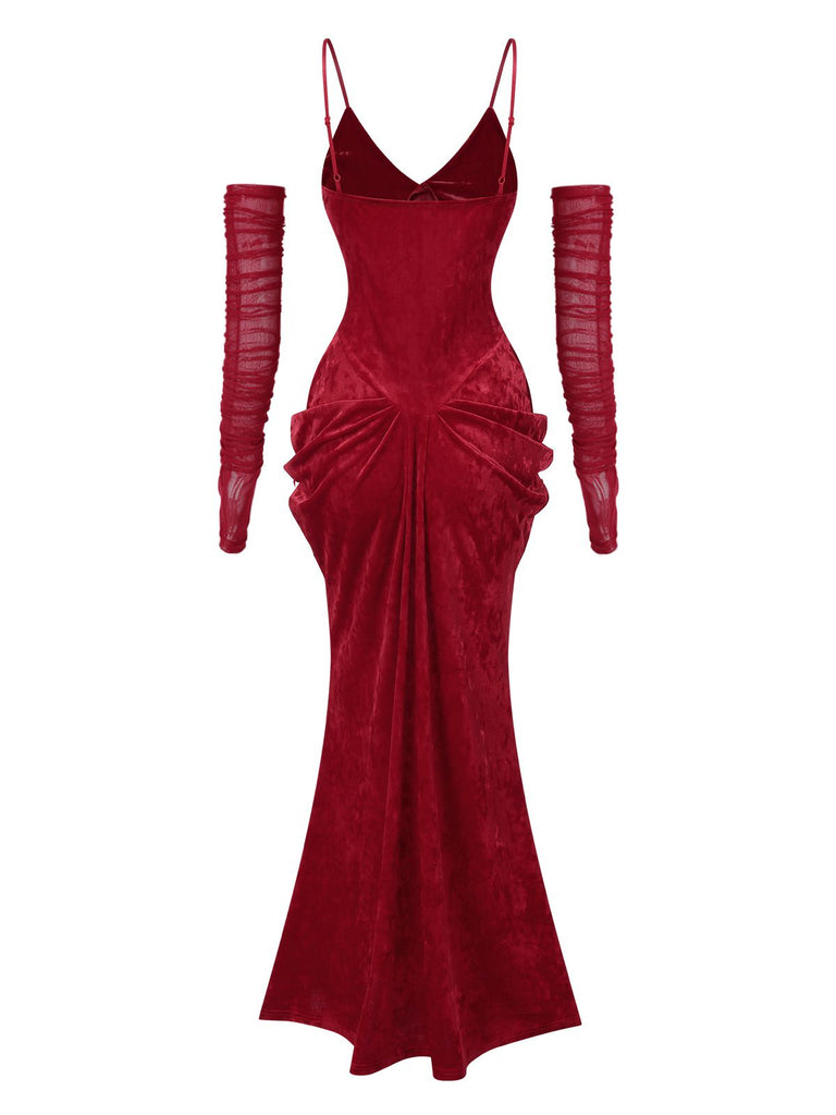 1930s Spaghetti Strap V-Neck Backless Velvet Dress