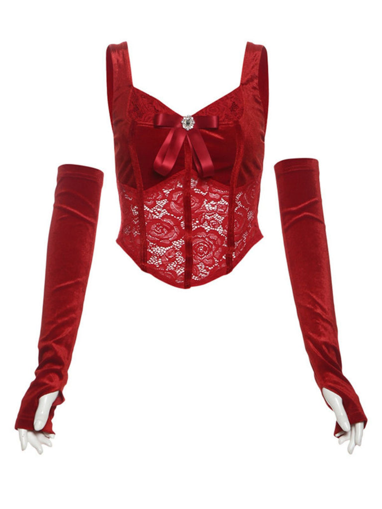 Red 1930s Velvet Lace Tank Top With Gloves