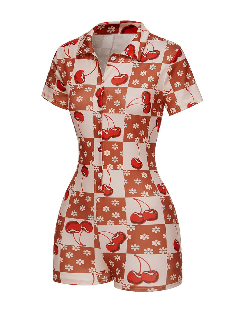 Brown & Red 1950s Cherry Checkerboard Lapel Romper