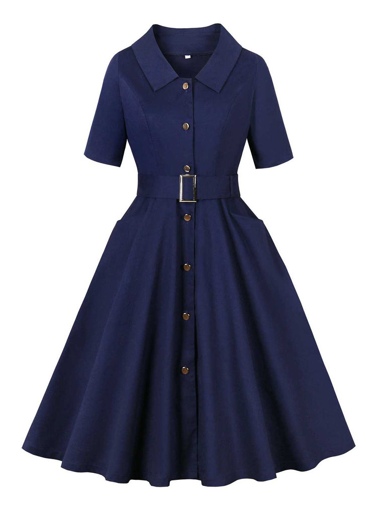 Dark Blue 1950s Peter Pan Collar Belted Dress