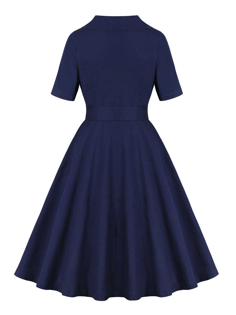 Dark Blue 1950s Peter Pan Collar Belted Dress