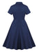 Blue 1950s Lapel Waist-Tie Cotton Dress