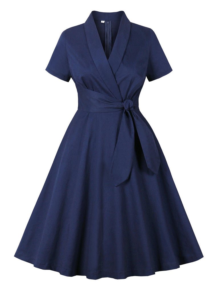 Blue 1950s Lapel Waist-Tie Cotton Dress