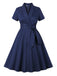 Blue 1950s Lapel Waist-Tie Cotton Dress