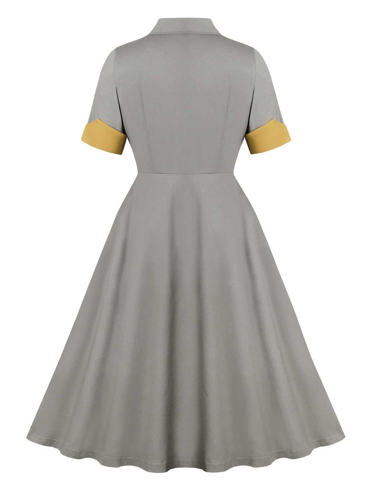 Gray 1950s Lapel Pocketed Swing Dress