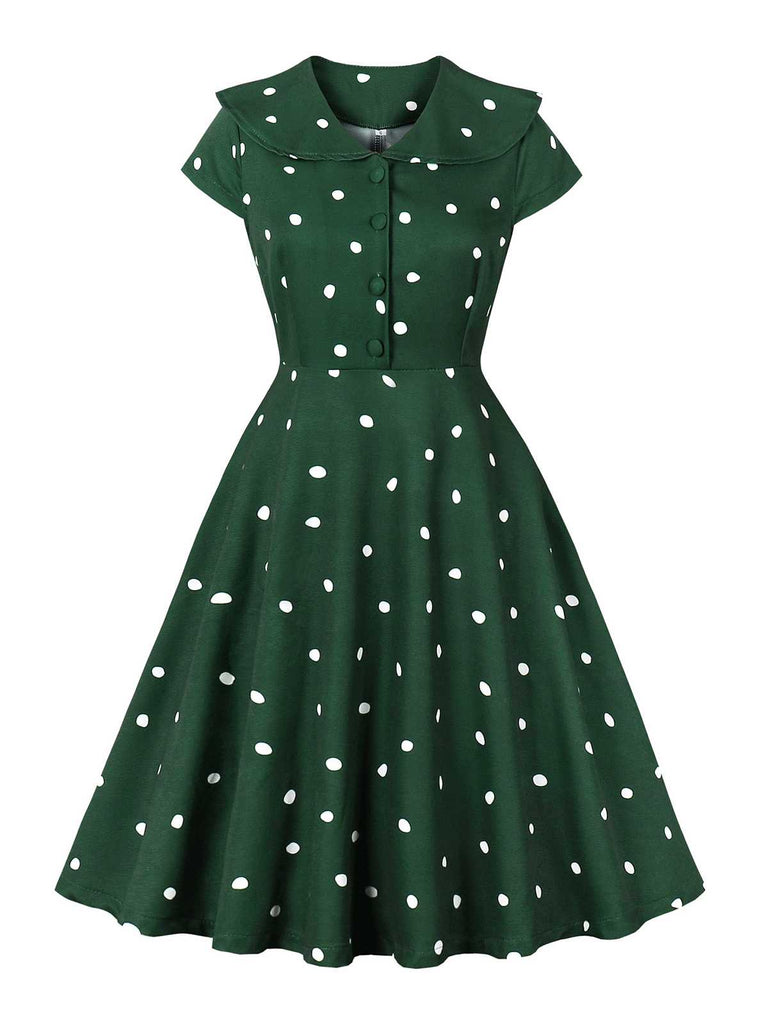 Green 1950s Peter Pan Collar Polka Dots Dress