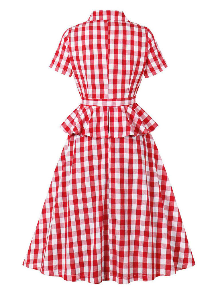 Red 1950s Pure Cotton Gingham Plaids Belted Dress