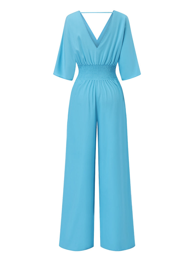 1940s Solid V-Neck Half Sleeves Jumpsuit