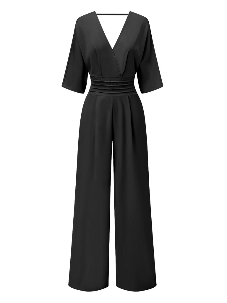 1940s Solid V-Neck Half Sleeves Jumpsuit