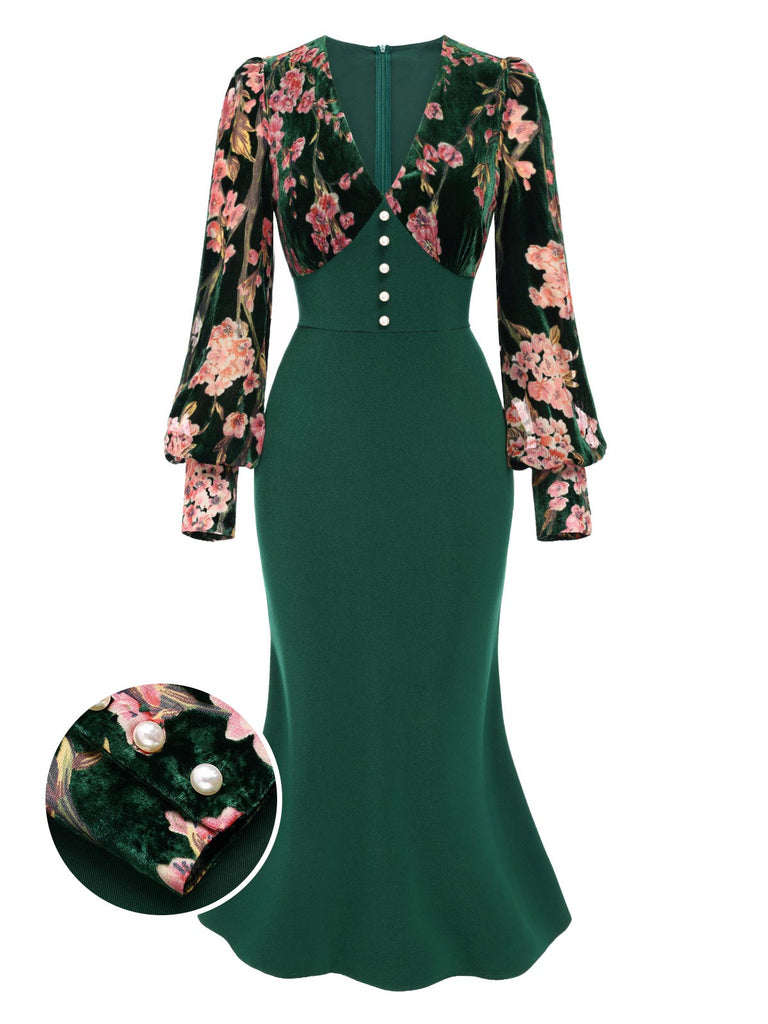 [Pre-Sale] Green 1930s Floral V-Neck Fishtail Dress