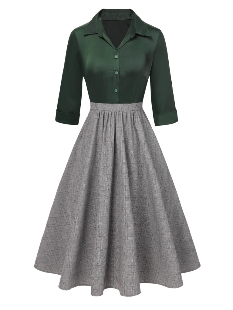 [Pre-Sale] Green 1950s Lapel Color Block Swing Dress